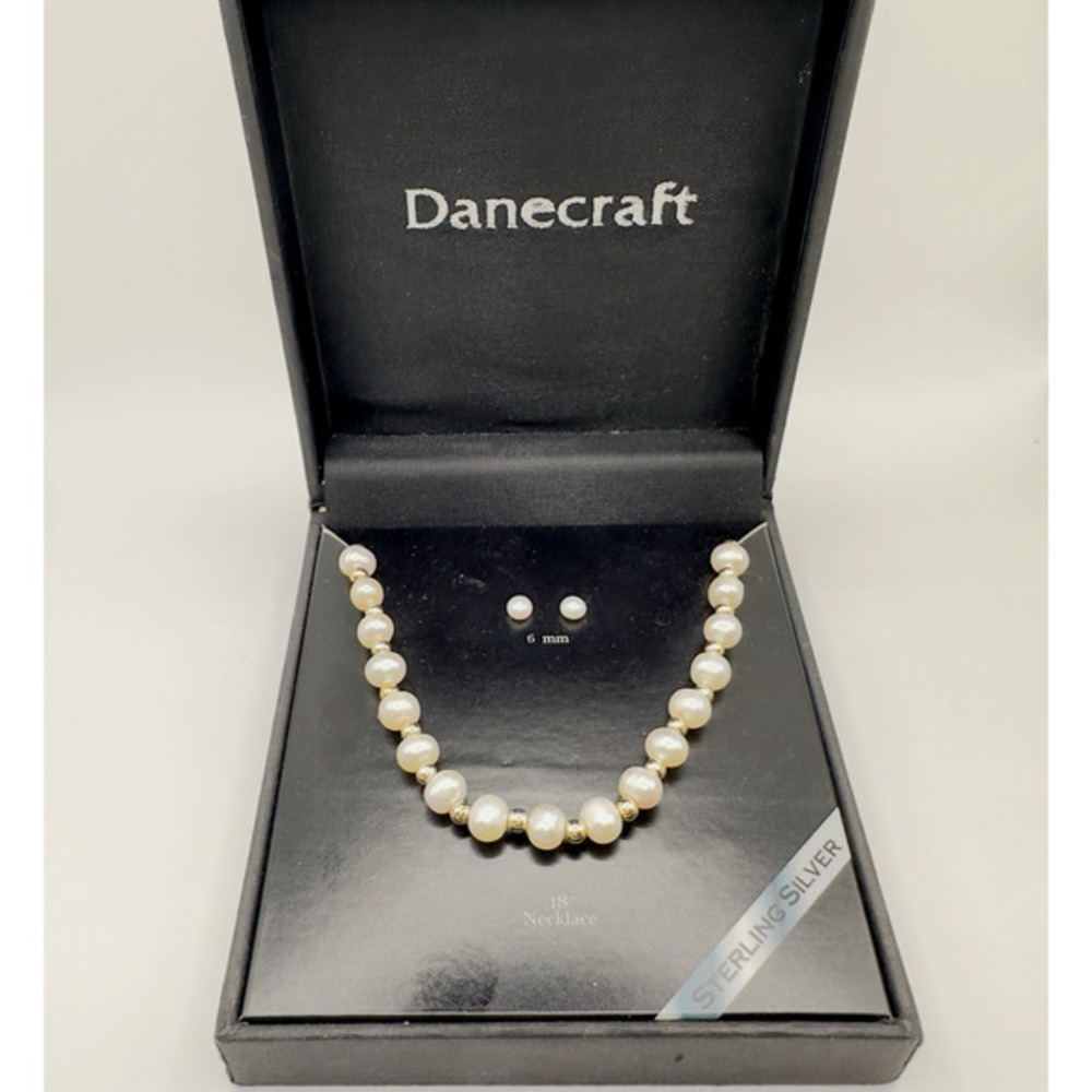 Danecraft Freshwater Pearl Necklace & Stud Earrings Sterling 18" NEW‎ in Box Set